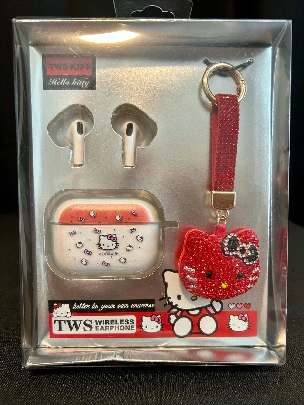 Hello Kitty Red and White Wireless Earbuds with Rhinestone Hello Kitty Keychain